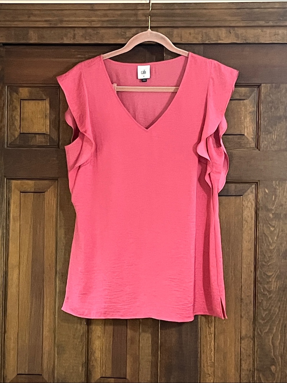 Cabi Coral-Pink Ruffle Sleeve V-Neck Blouse